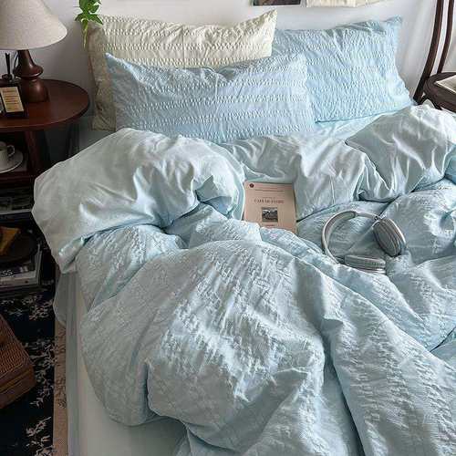 A类母婴级泡泡纱云朵棉四件套日式纯色床单床笠款被套三件套