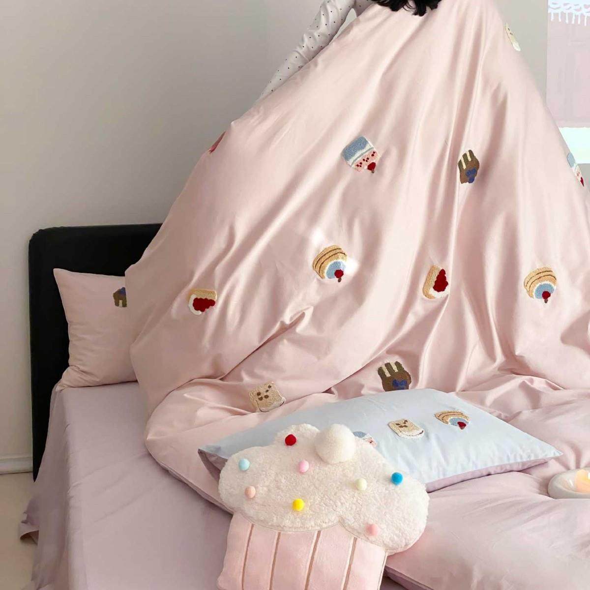 裸睡全棉长绒棉四件套可爱小蛋糕毛巾绣被套纯棉儿童款床品