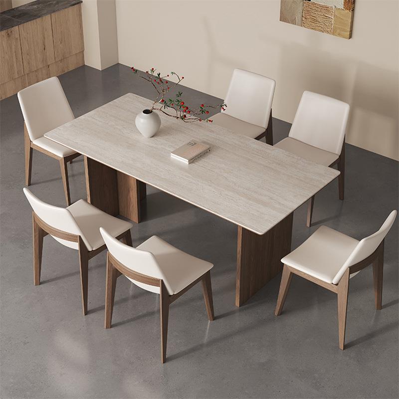 洞石岩板餐桌椅组合中古风黑胡桃木实木桌子家用小户型长方形饭桌