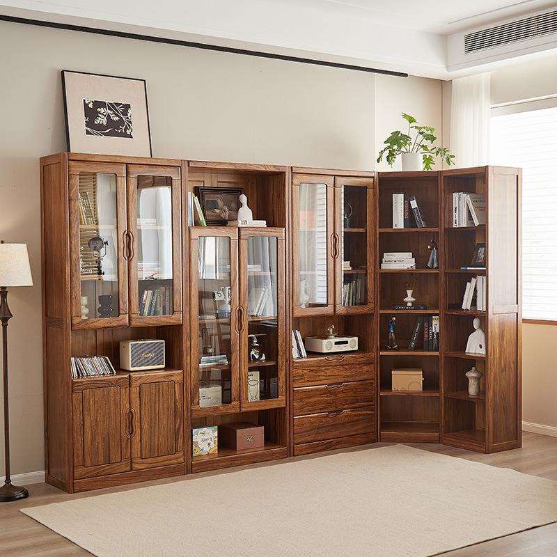 乌金木全实木书柜带玻璃门抽屉书橱简约自由组合现代中式转角书柜
