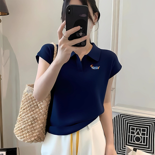 复古polo领短袖 新款 美式 t恤女夏季 上衣潮 藏青色小众修身 显瘦短款