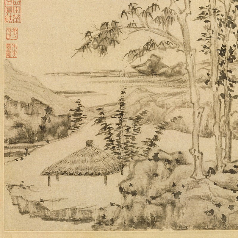 元 倪瓒 秋亭嘉树图纸本真迹复制条幅竖轴客厅玄关卧室挂画装饰画