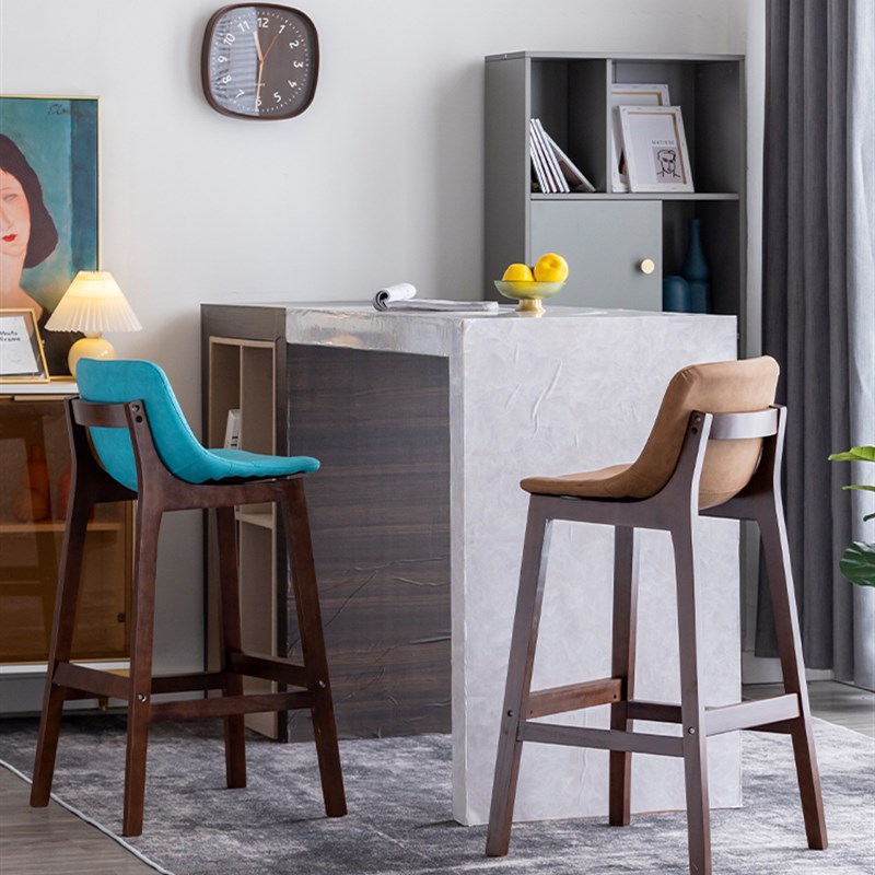 实木酒吧椅吧台椅现代皮艺家用中岛台椅简约吧凳前台接待高脚椅子