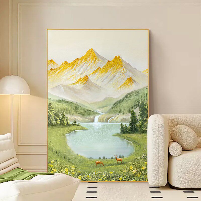 金山富水客厅装饰画现代奶油风沙发背景竖挂画手绘油画风景