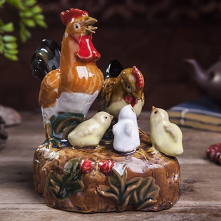 庭院盆景搭配石湾陶瓷书房书桌摆设招财生肖鸡全家福