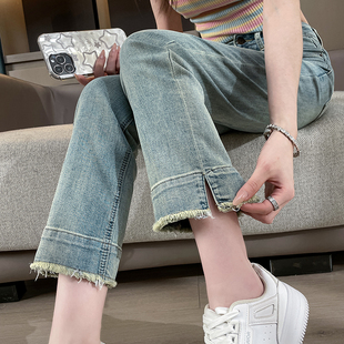 开叉毛边牛仔裤女2025年春秋装烟管裤浅色窄版法棍裤小个子八分裤