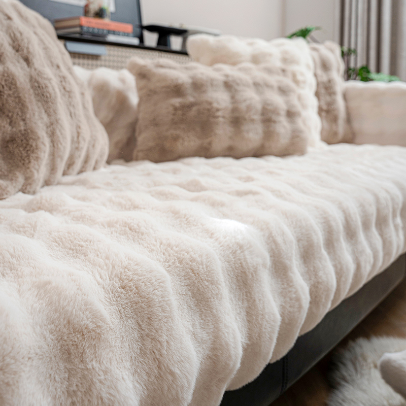 按摩兔毛绒沙发垫冬季坐垫加厚防滑皮沙发罩202新款保暖盖布巾