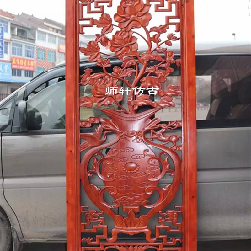 东阳木雕中式装修雕花镂空浮雕玄关隔断屏风祥云花板隔断实木定制