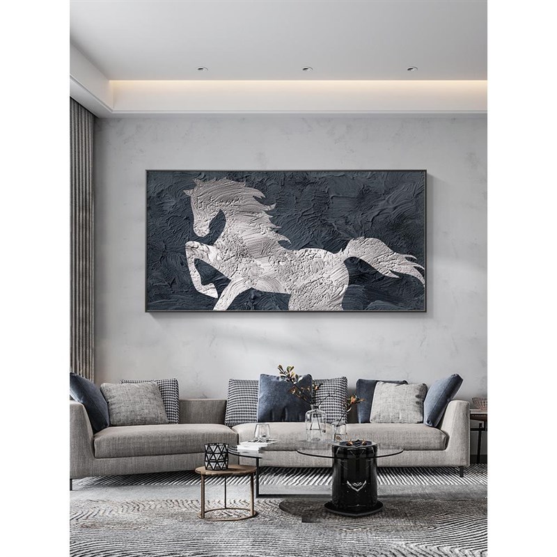 马的装饰画侘寂风肌理感沙发背景墙壁画高级感大气横版办公室挂画
