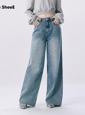 Vone SheeE 2025新款辣妹牛仔蓝高腰水洗牛仔裤女宽松直筒阔腿裤