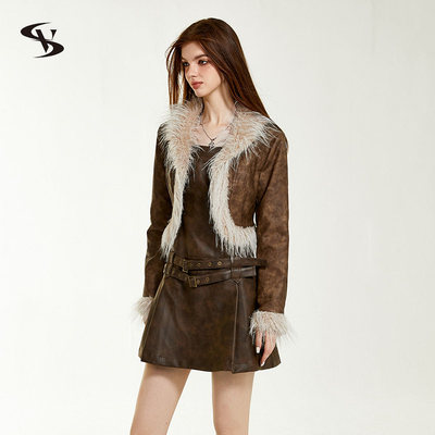 【一一专享】Vone SheeE 美式复古辣妹做旧拼毛夹克短款上衣