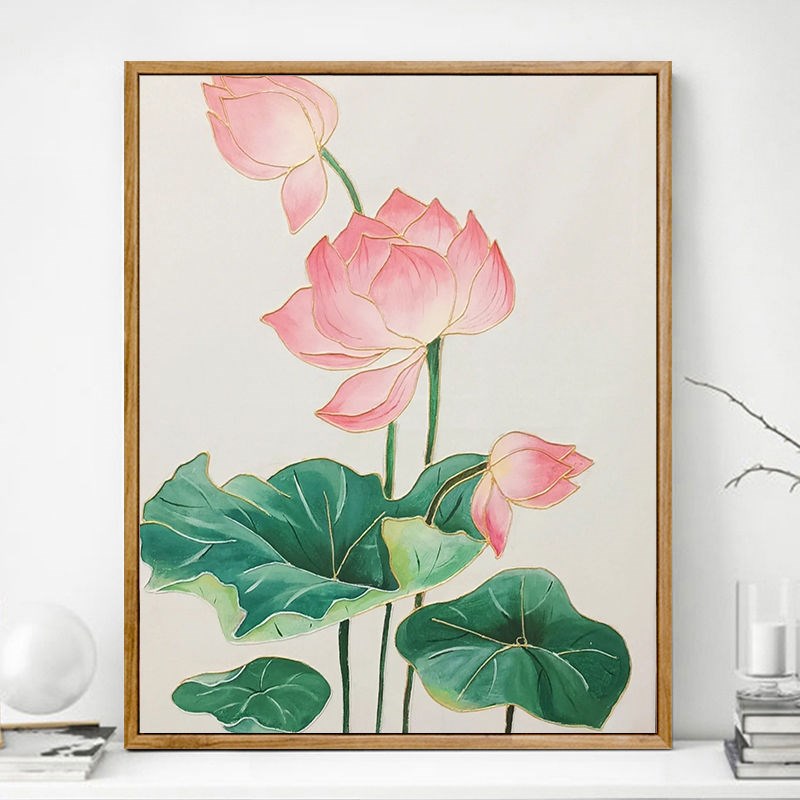 荷花diy数字油画国风淡雅花卉高级室内装饰画手工填色手绘涂色画图片