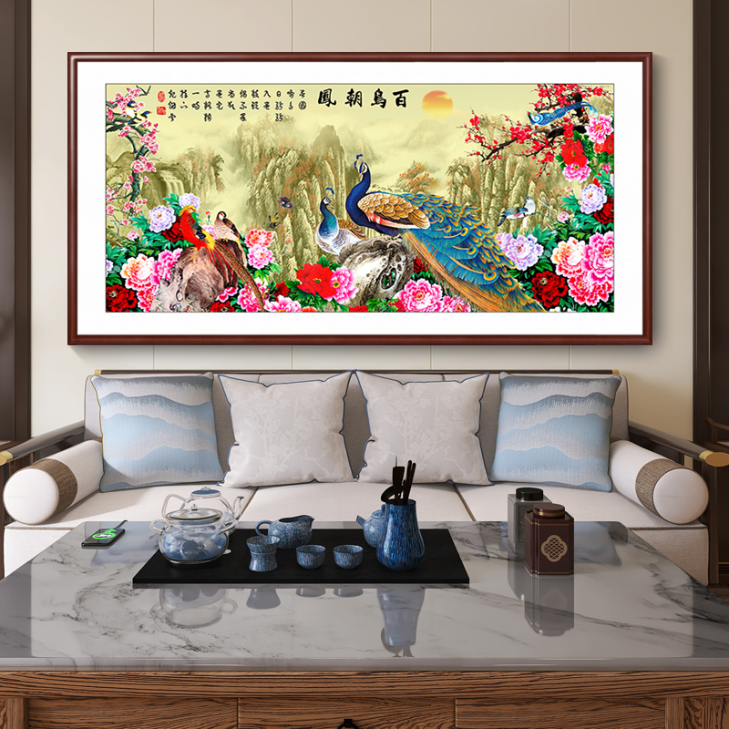新中式百鸟朝凤图挂画客厅电视沙发背景墙装饰画孔雀花鸟寓意壁画图片