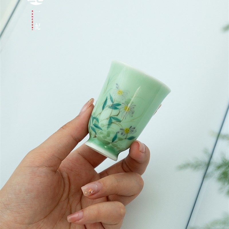 纯手绘鞠菊高脚闻香杯手工陶瓷茶杯家用喝茶聚香杯功夫茶具茶杯女