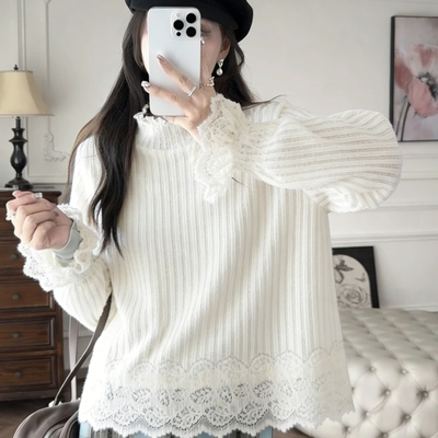 秋冬法式半高领蕾丝木耳边打底衫