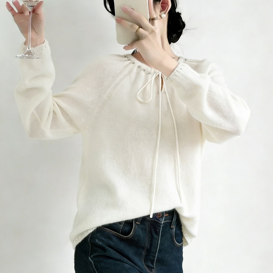 今年流行独特漂亮重工钉珠蝴蝶结系带气质温柔风显瘦长袖针织衫女,女装/女士精品,大码内搭,淘宝优惠券,粉丝福利购,淘宝优惠卷