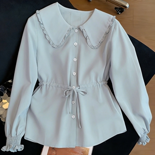 新款 法式 2026春季 衬衫 休闲风显瘦上衣 简约气质设计感蓝色翻领长袖
