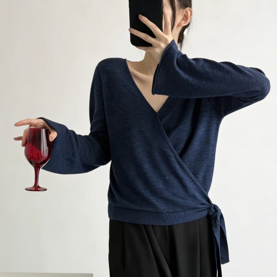 轻熟风女士气质交叉系带针织上衣2026春季小众别致喇叭袖长袖衬衫,女装/女士精品,大码内搭,淘宝优惠券,粉丝福利购,淘宝优惠卷