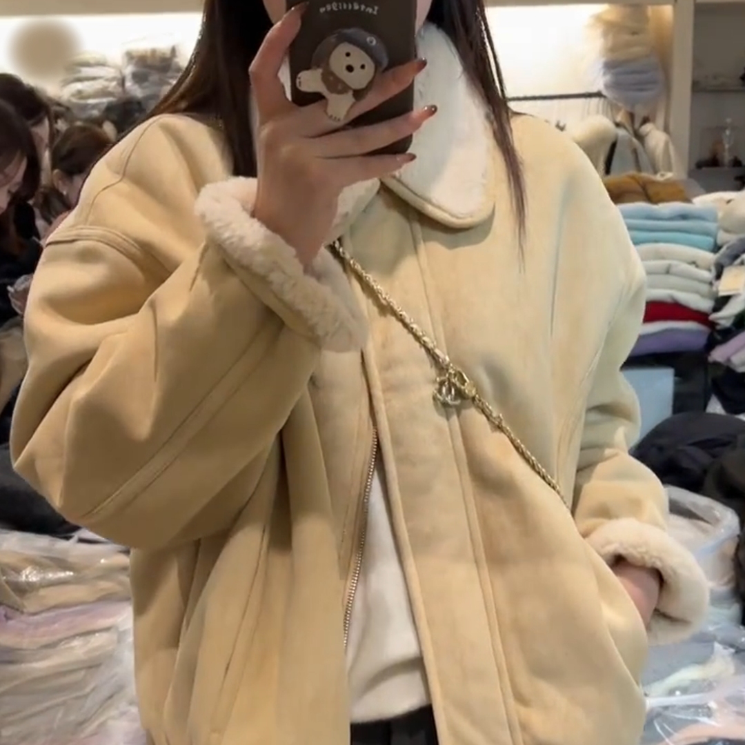 高级感羊羔毛宽松翻领大码外套女