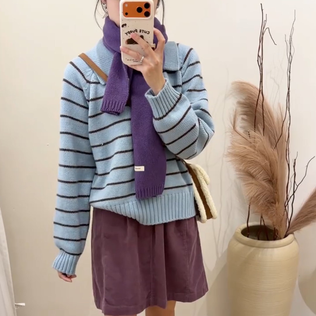 蓝色条纹复古慵懒减龄大码针织衫