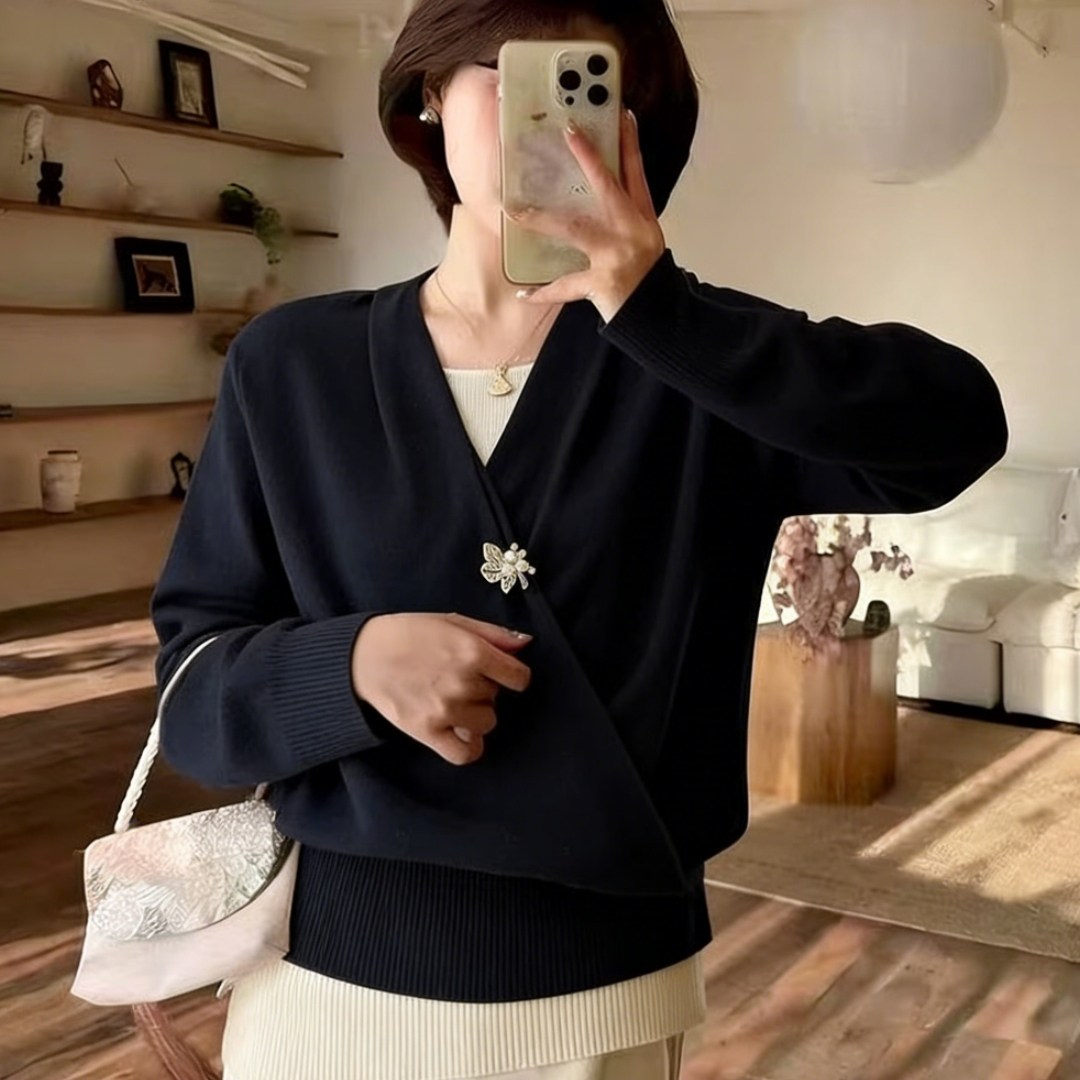 秋冬新款V领藏青大码长袖衬衫女