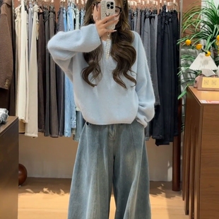 韩系学院风蓝色软糯可外穿套头针织毛衣设计感秋冬超显白打底上衣