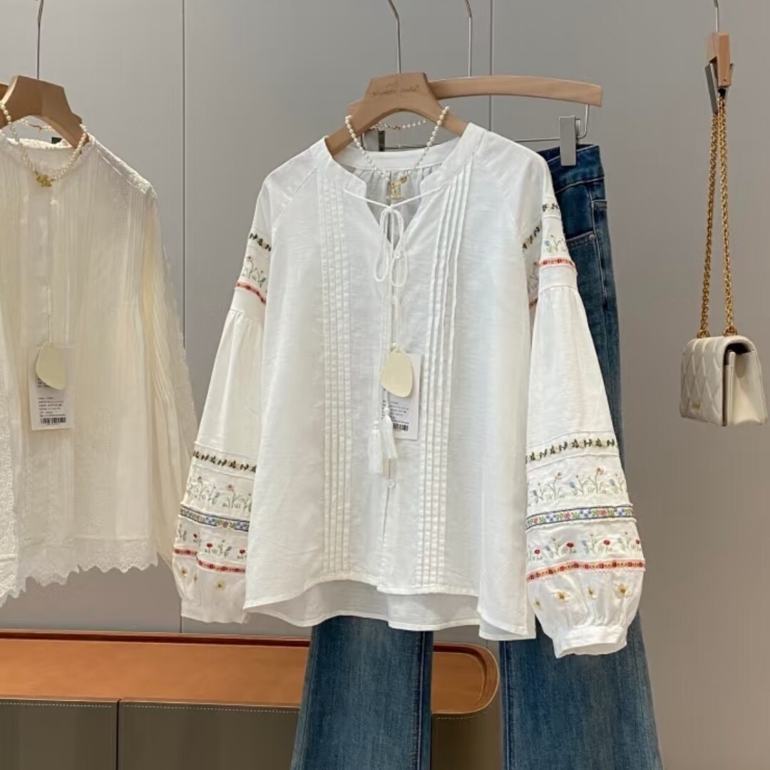 日系文艺复古小清新重工刺绣系带衬衫波西米亚风森系灯笼袖衬衣夏