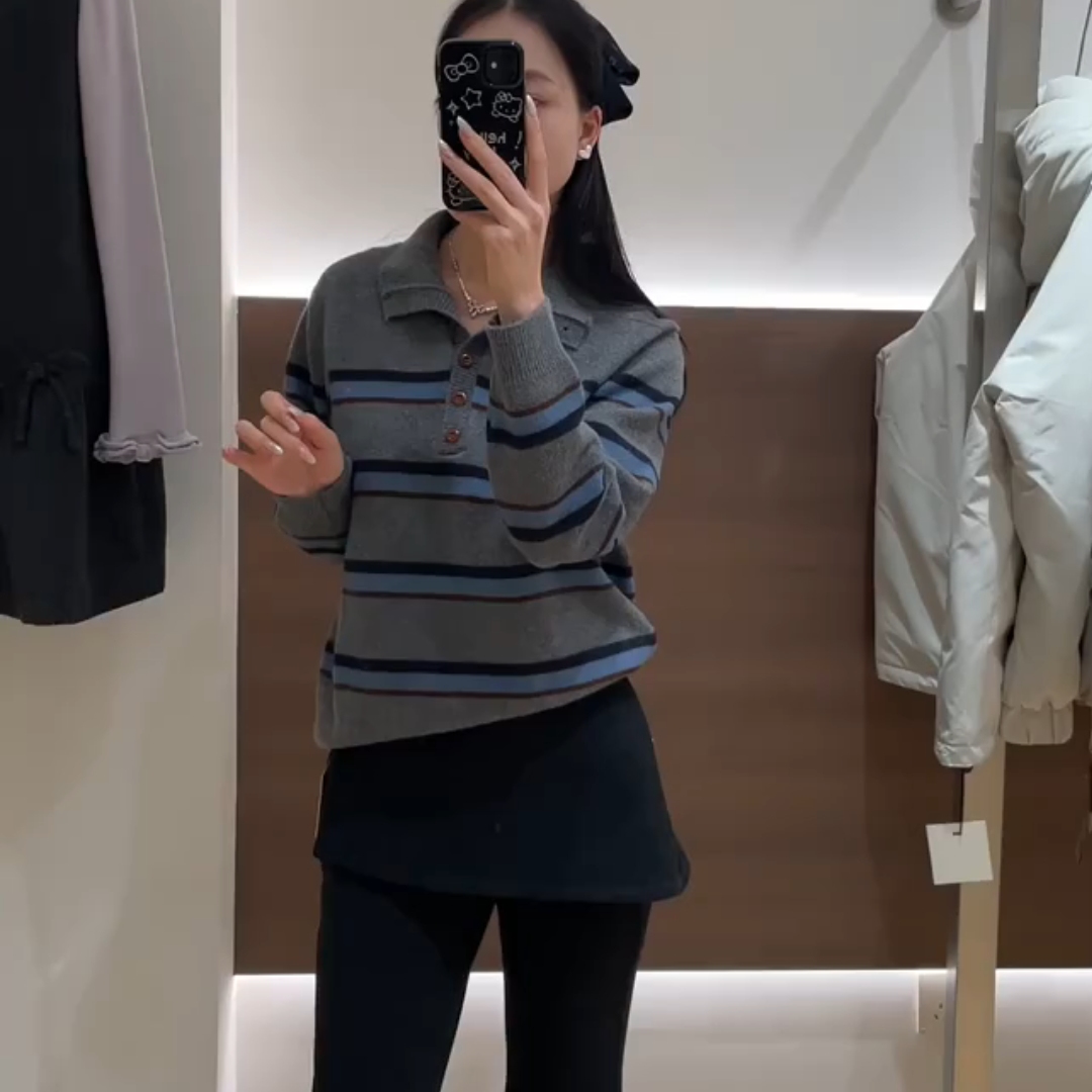 韩系学院风简约条纹撞色翻领上衣