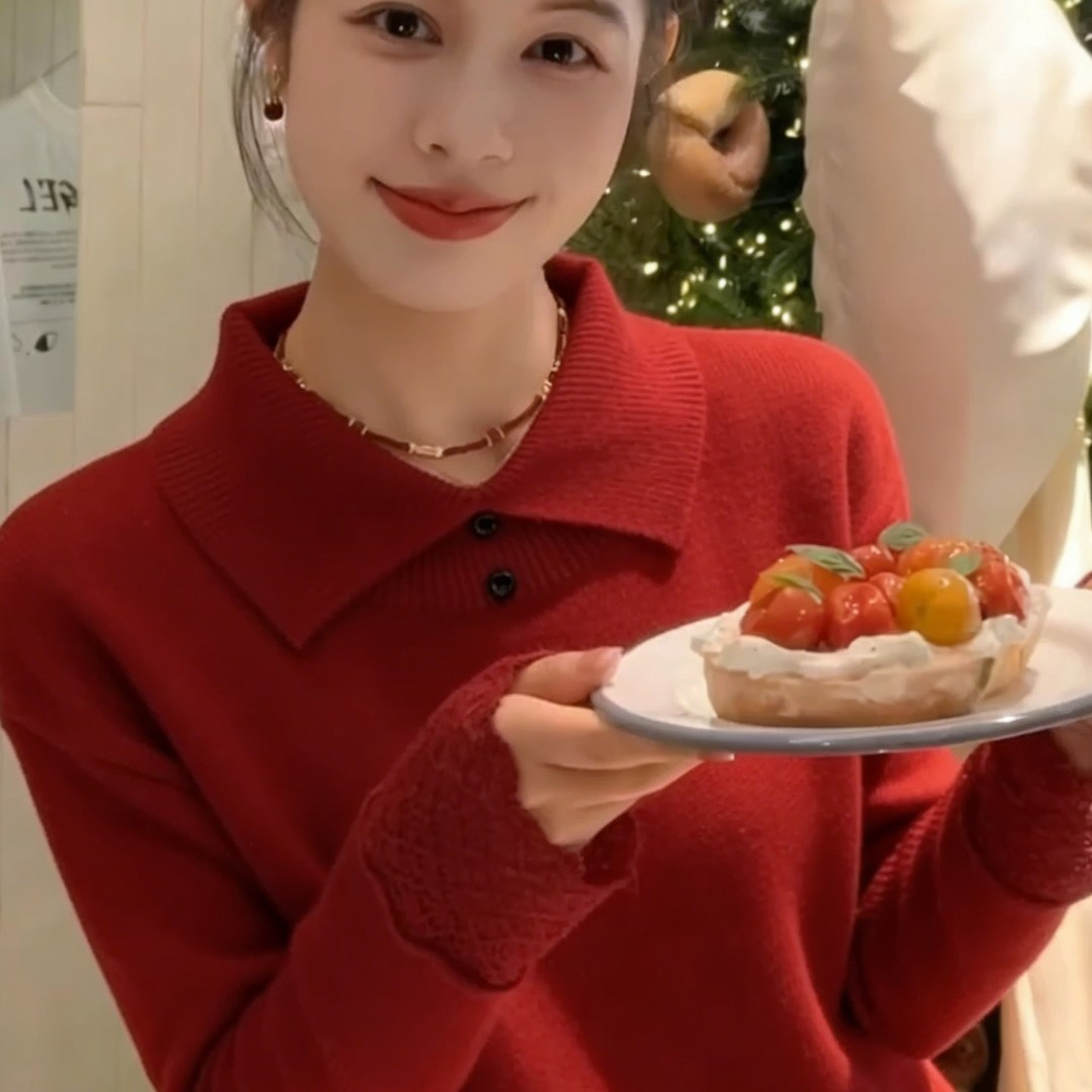 红色翻领毛衣女秋冬新款马年本命年宽松加厚修身显瘦针织打底衫潮,女装/女士精品,大码内搭,淘宝优惠券,粉丝福利购,淘宝优惠卷