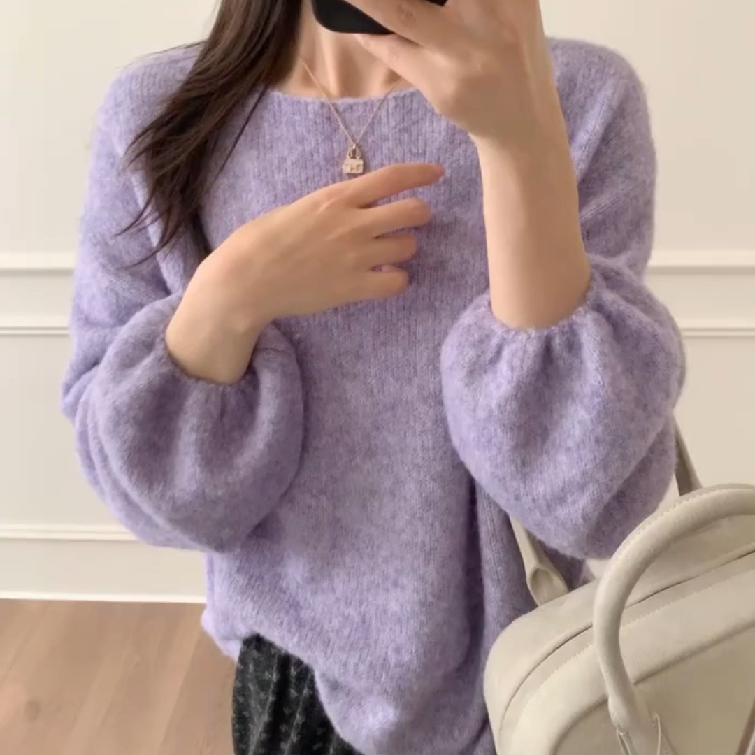 基础款软糯温柔系气质女士针织衫入秋氛围感巨出片紫色灯笼袖毛衣,女装/女士精品,大码内搭,淘宝优惠券,粉丝福利购,淘宝优惠卷