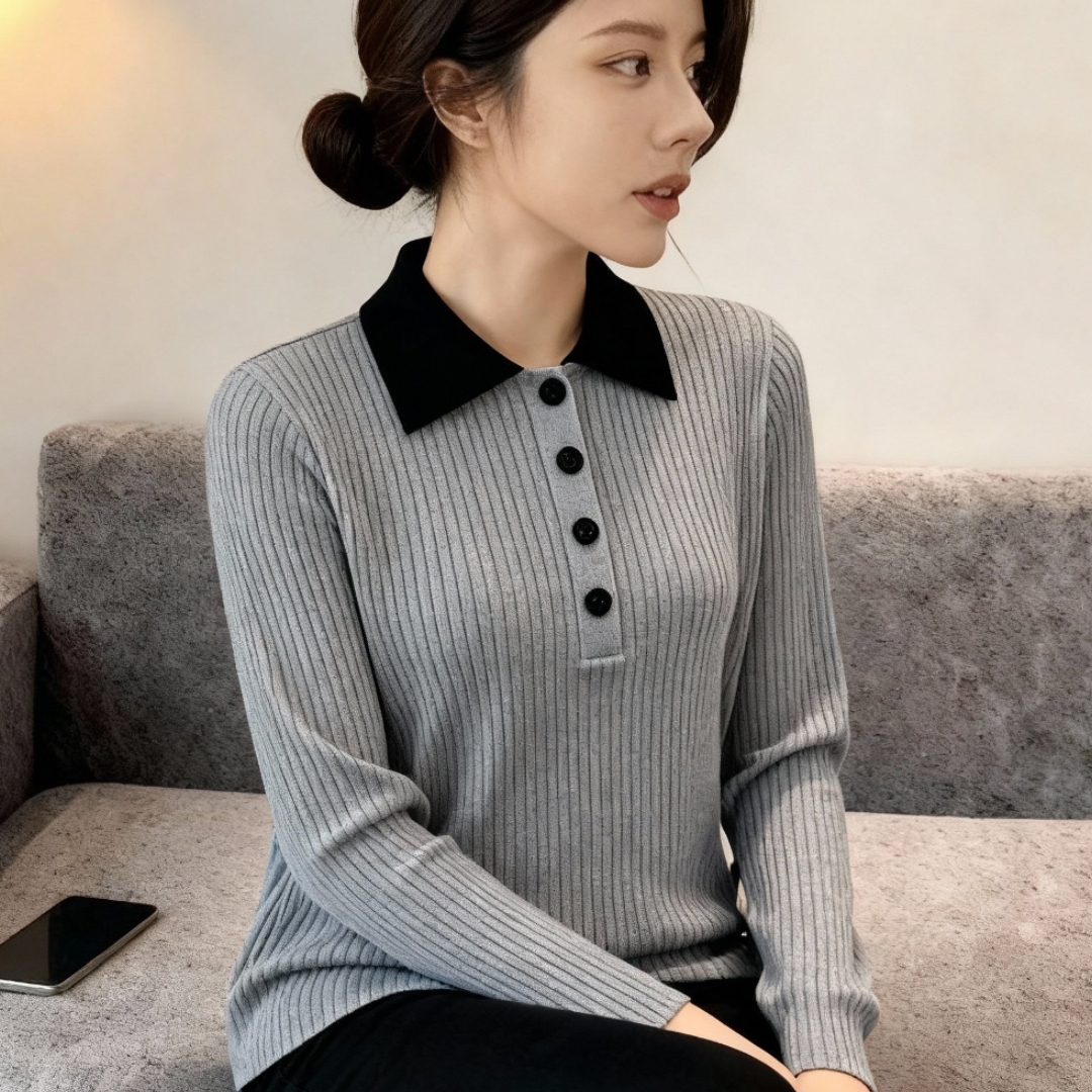 韩系轻熟风polo领翻领撞色针织衫