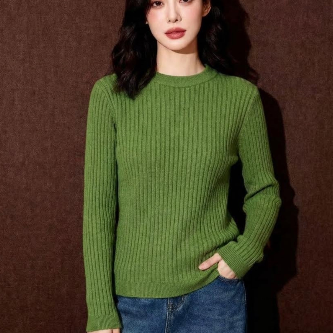 极简风复古绿色圆领坑条针织衫秋