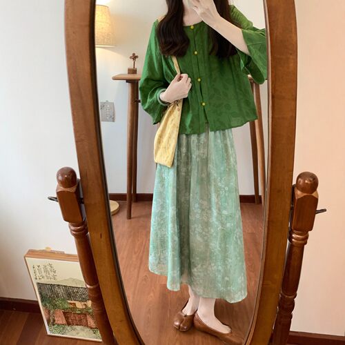 新中式禅意汉服绿色碎花衬衫半裙