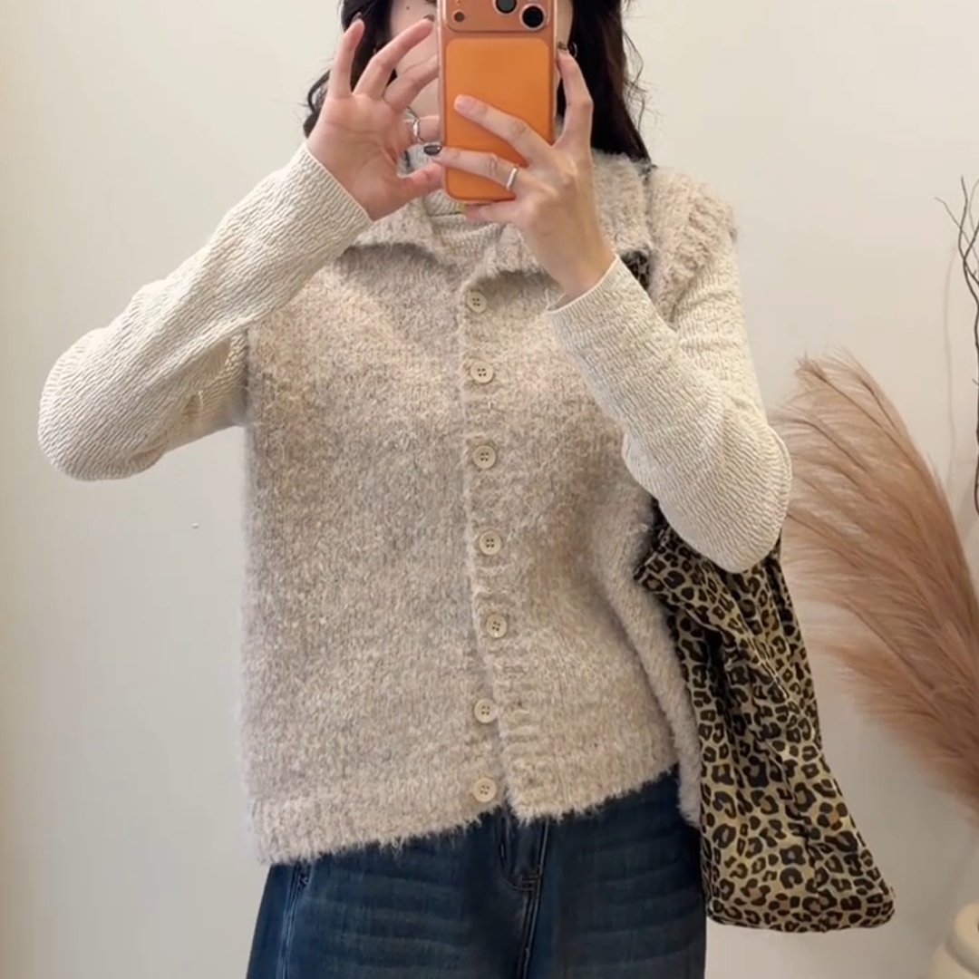 秋冬新款慵懒风无袖翻领针织毛衣