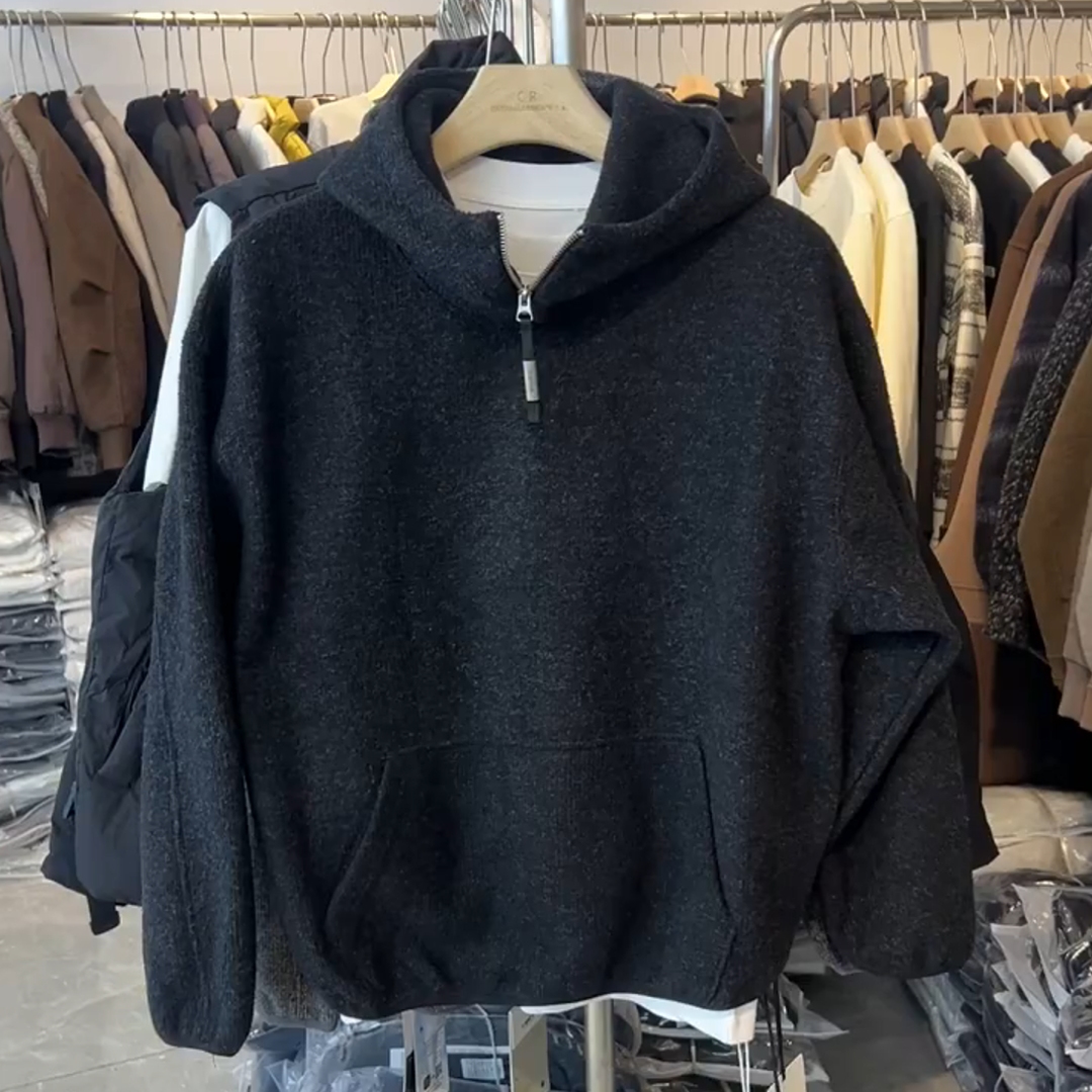 韩系简约时尚黑色连帽半拉链卫衣