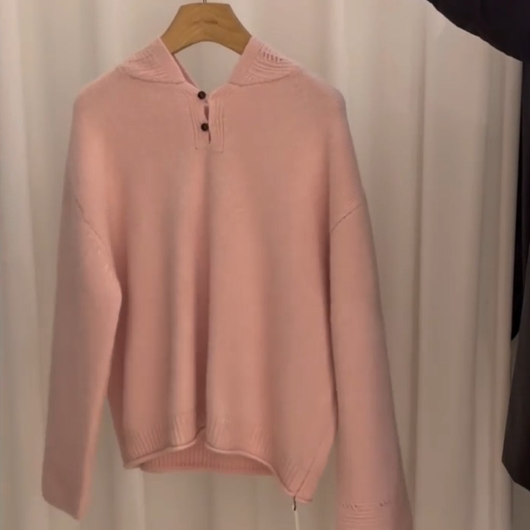 粉色连帽针织衫温柔风可外穿秋冬