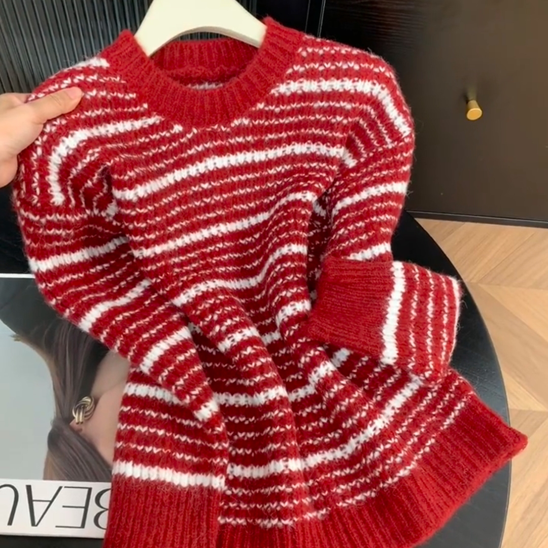 圣诞红费尔岛提花宽松针织毛衣冬
