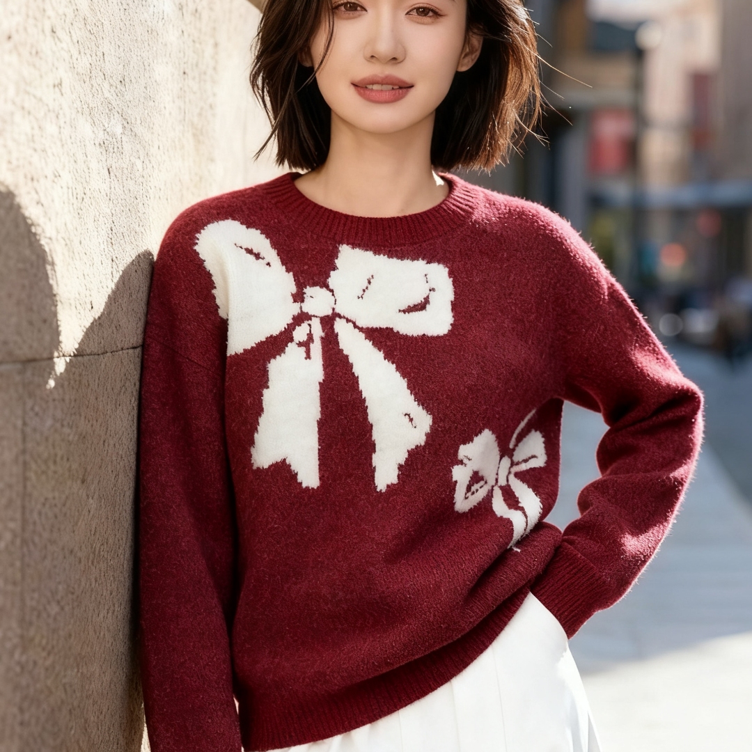 慵懒风红色蝴蝶结宽松软糯针织衫