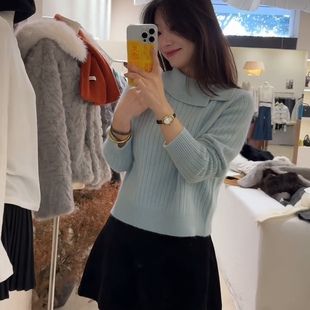 不规则蓝色翻领针织衫 小个子宽松显瘦小个子可外穿上衣女 秋冬新款