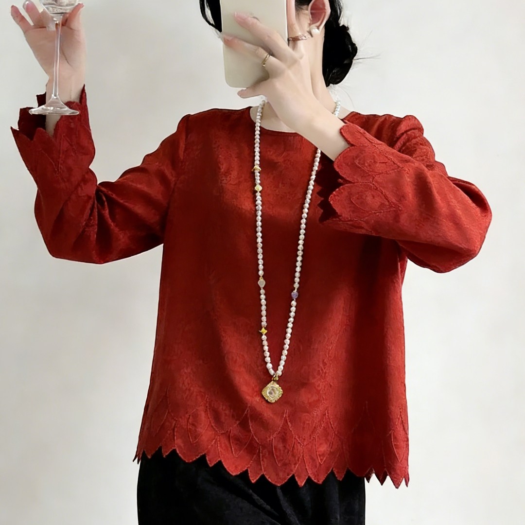 新年节日氛围感新中式复古红色提花优雅内搭打底衫女2026春季新款,女装/女士精品,大码内搭,淘宝优惠券,粉丝福利购,淘宝优惠卷