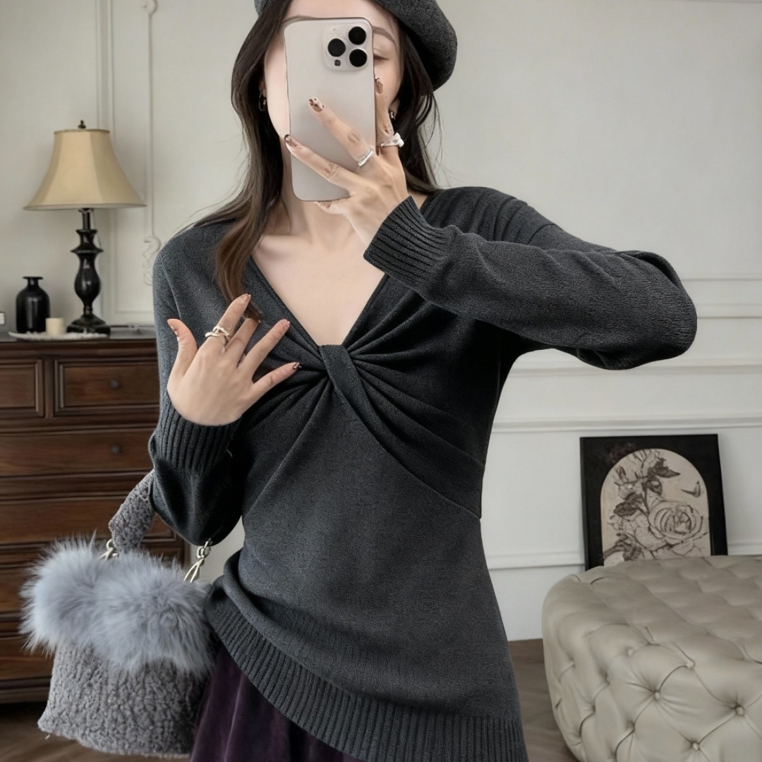 设计感扭结灰色长袖内搭针织衫秋