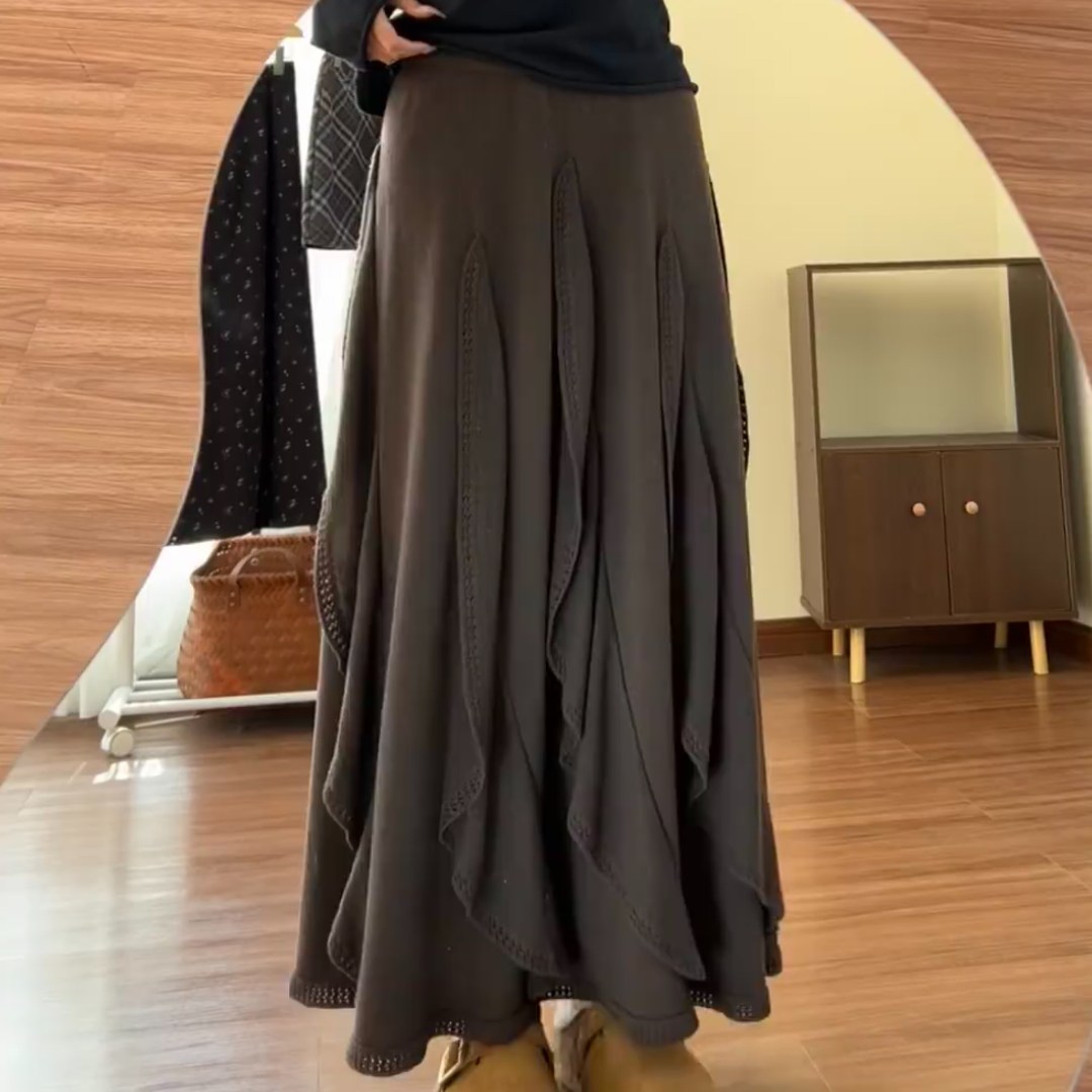 学院风复古设计感摩卡棕不规则针织半身裙秋冬中长款显瘦a字长裙