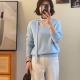 新款 韩系简约气质蓝色V领正肩针织衫 设计感小众别致飘带上衣春季