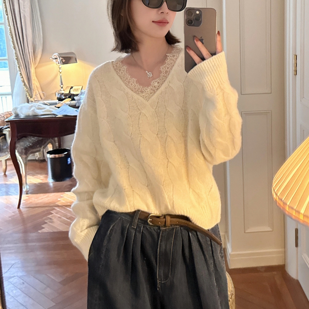 法式气质老钱风蕾丝花边针织衫女