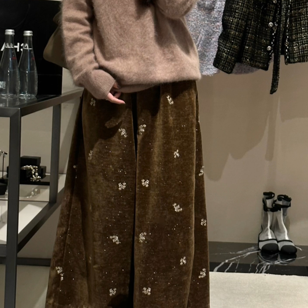 冬季复古刺绣垂感松紧腰阔腿裤女