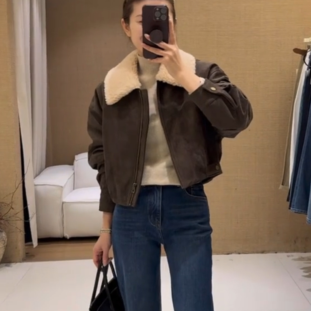 美式复古毛领短款拉链外套女秋冬