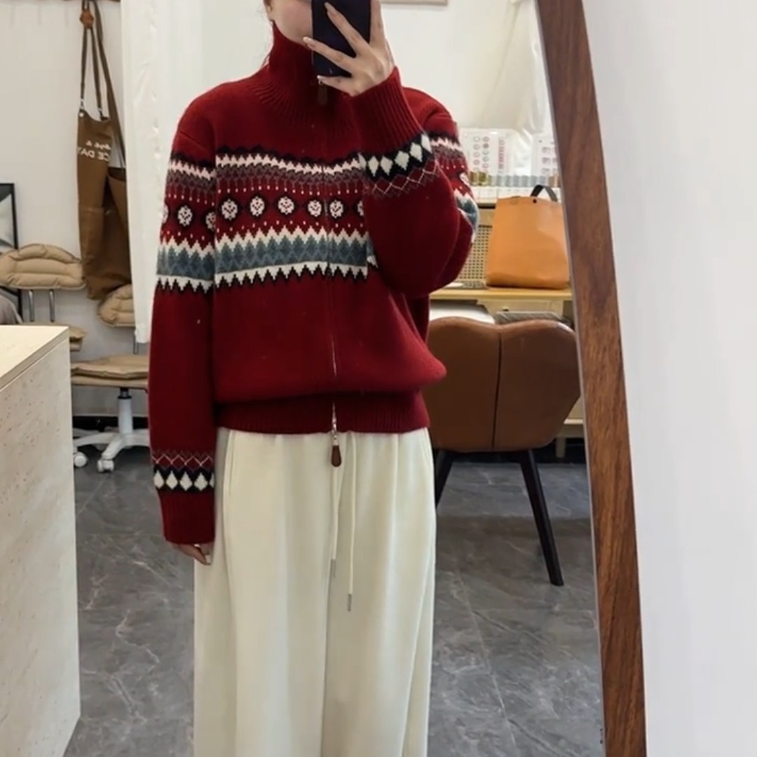 费尔岛红色提花针织开衫女2026早春新款日常通勤宽松显瘦毛衣外套,女装/女士精品,大码内搭,淘宝优惠券,粉丝福利购,淘宝优惠卷