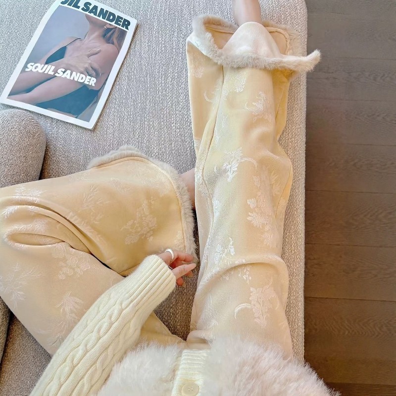 新中式国风提花休闲阔腿裤女2025冬季新款加绒加厚高级感直筒裤潮,女装/女士精品,大码裤装,淘宝优惠券,粉丝福利购,淘宝优惠卷