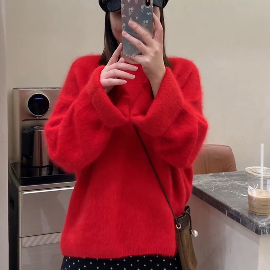 新年圣诞红慵懒显瘦保暖针织毛衣