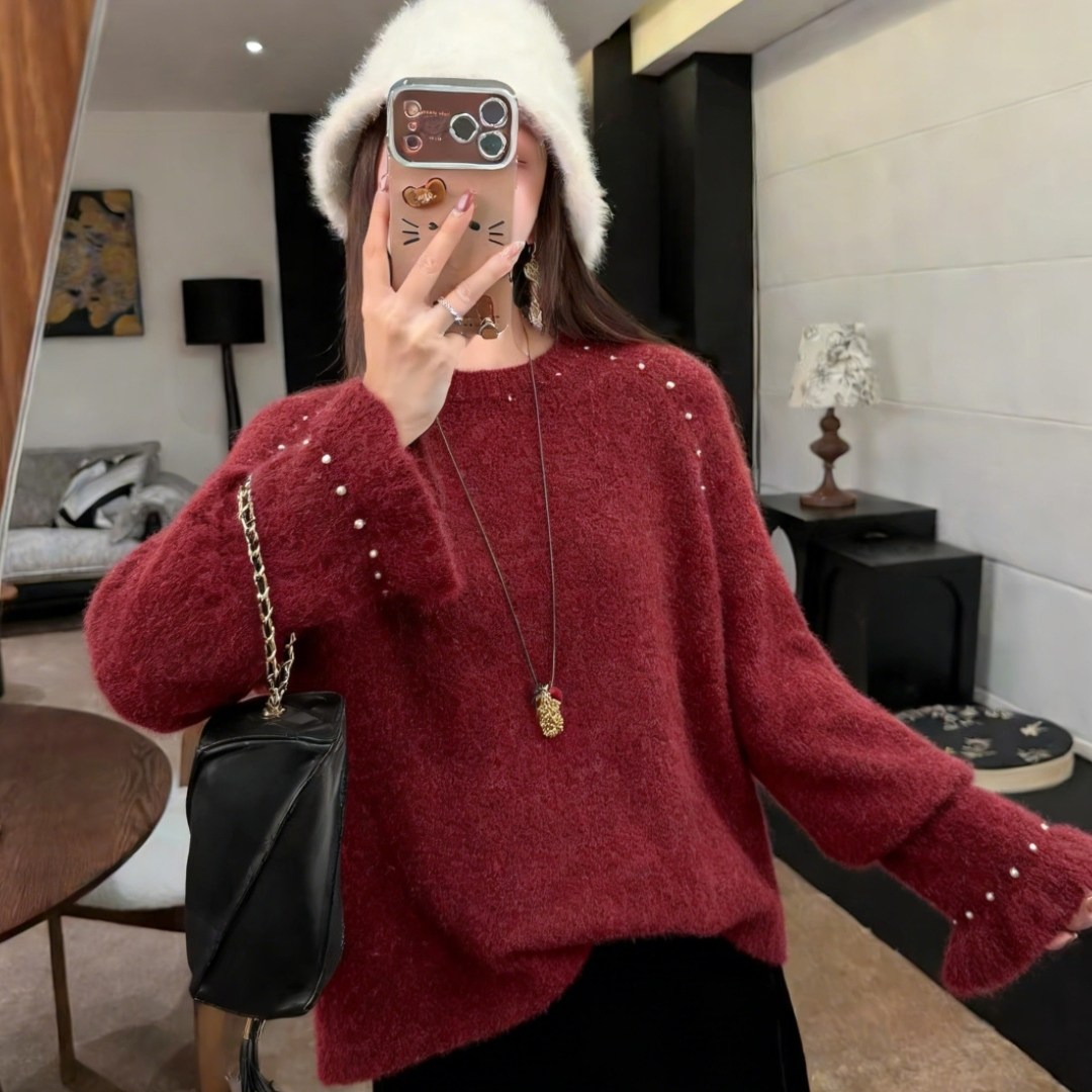 欧洲站2026新款节日氛围感红色重工钉珠宽松显瘦胖mm针织毛衣女潮,女装/女士精品,大码内搭,淘宝优惠券,粉丝福利购,淘宝优惠卷